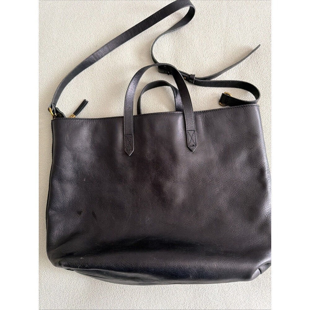 Madewell Black Leather Transport Tote Bag w/Strap Medium Size Zip Top Purse READ - Picture 2 of 8